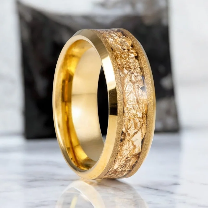 Geometric ladies rings for fashion-AURION | Gold Tungsten Ring, Gold Foil Inlay, Beveled, 8mm