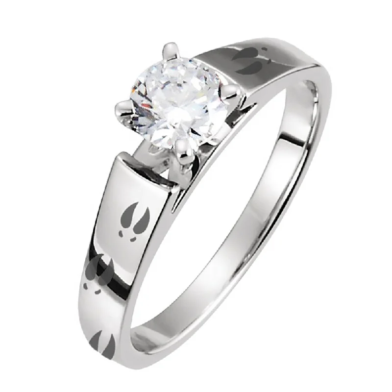 Engagement rings with round-cut diamonds-Solitaire Cubic Zirconia Women's Engagement Ring with Engraved Deer Tracks