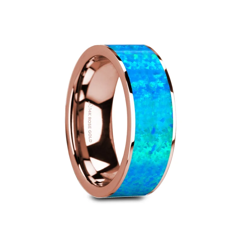 Ladies rings with emerald stones-Blue Opal Inlay 14k Rose Gold Men's Wedding Band