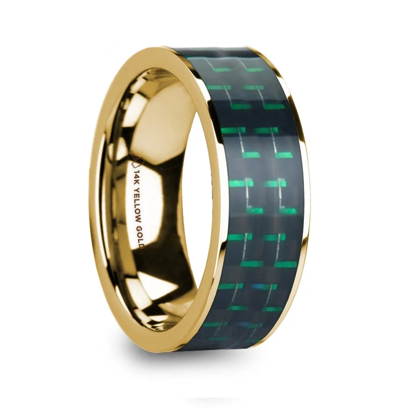 Personalized ladies rings for gifts-Black & Green Carbon Fiber Inlay 14k Yellow Gold Men's Wedding Band