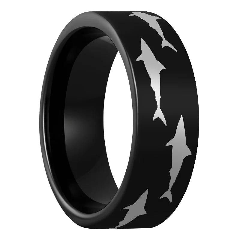 Designer ladies rings for special occasions-Shark Black Tungsten Men's Wedding Band