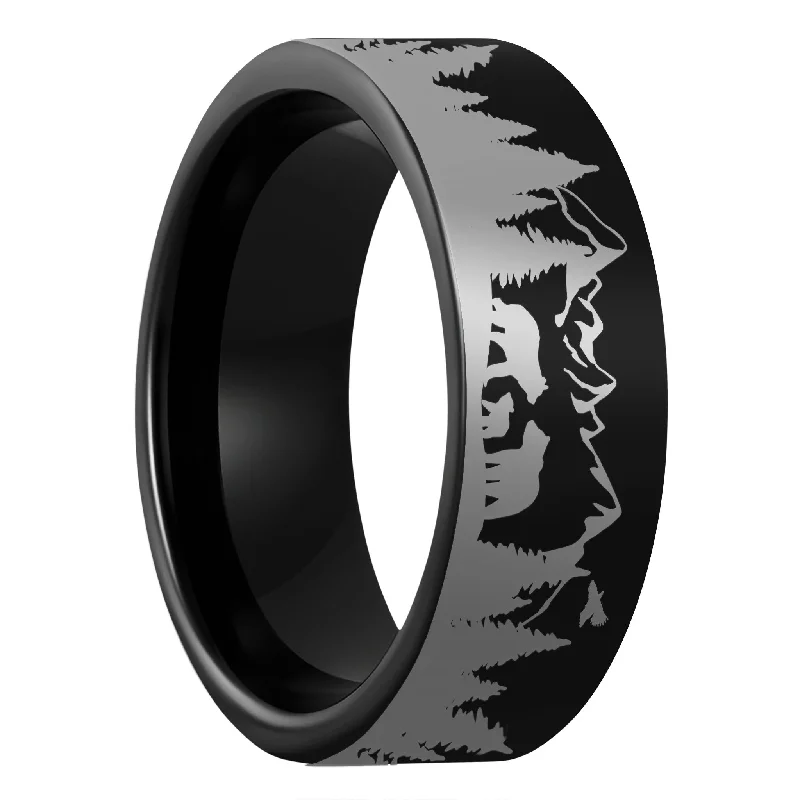 Precious stone ladies rings-Bear & Cubs Landscape Scene Black Tungsten Men's Wedding Band