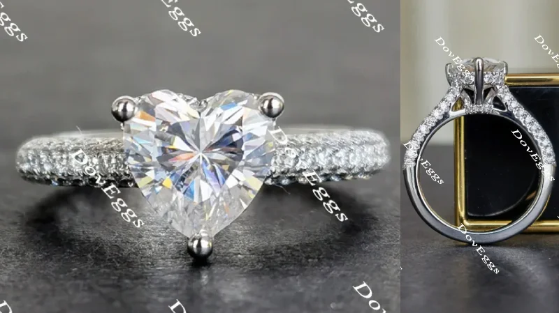 Engagement rings for women with radiant-cut diamonds-DovEggs half eternity pave heart moissanite engagement ring