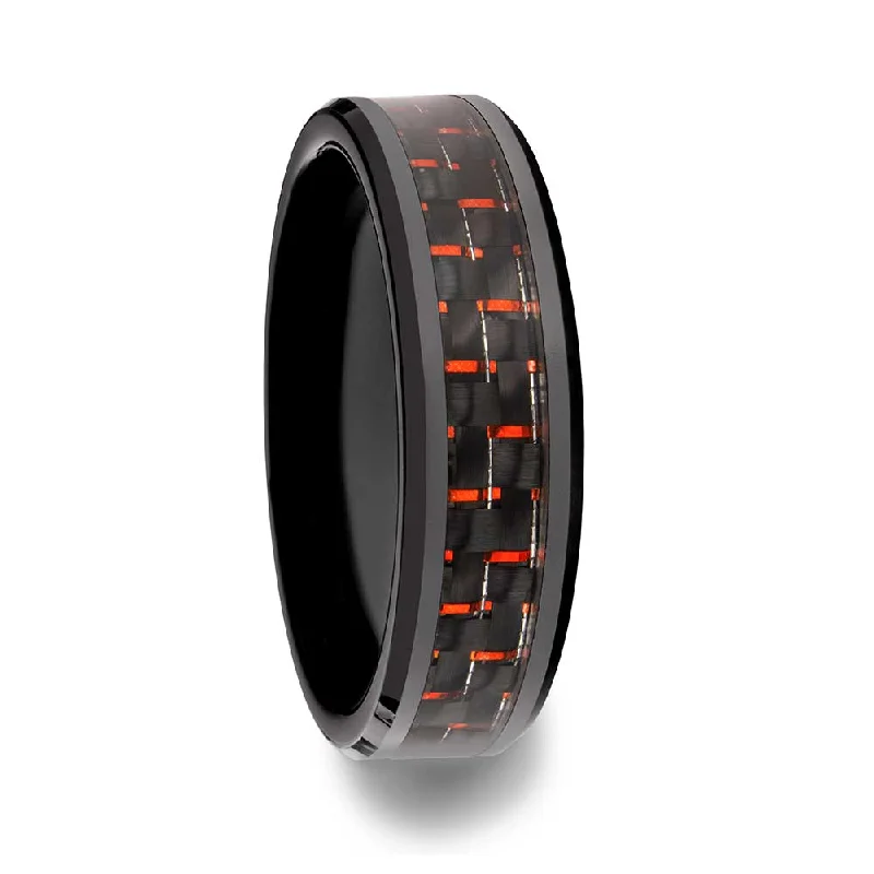 Elegant ladies rings for casual wear-Black Ceramic Men's Wedding Band with Black & Red Carbon Fiber Inlay