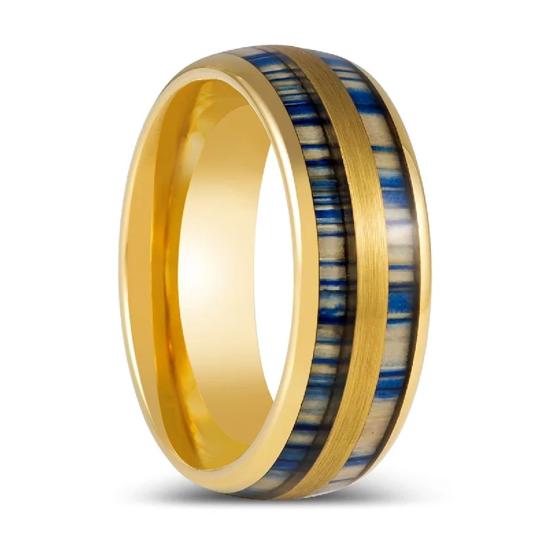 Silver ladies rings for women-GALLOWAY | Yellow Gold Tungsten Ring Blue Dyed Bamboo Inlay