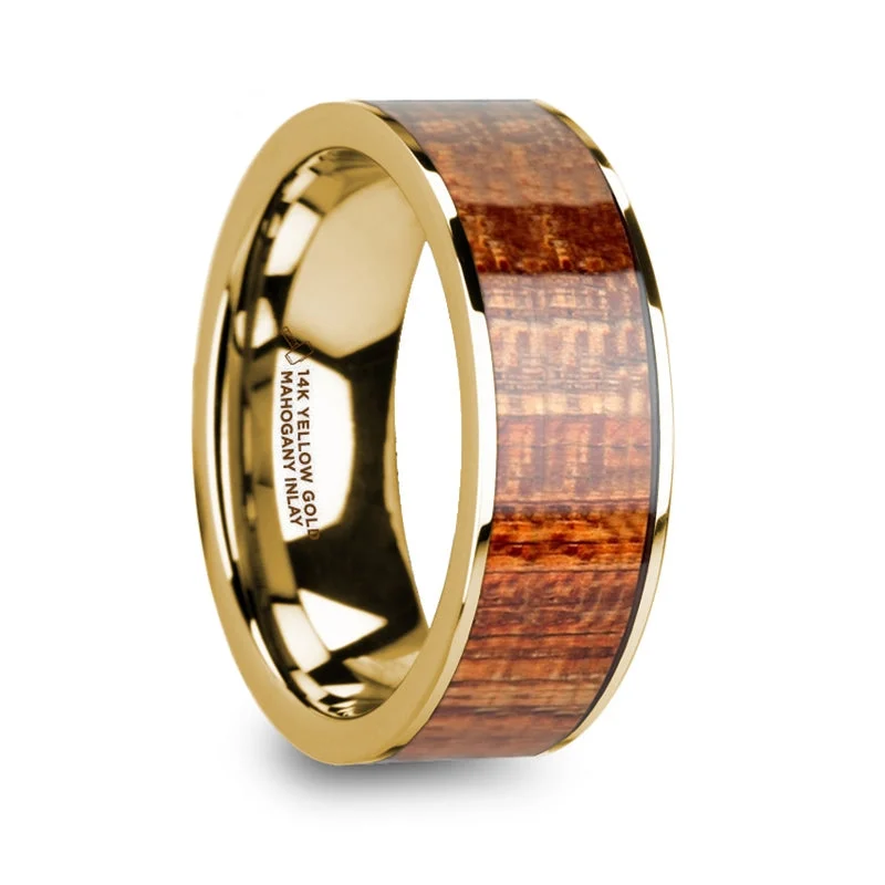 Solitaire ladies rings with diamonds-Mahogany Wood Inlay 14k Yellow Gold Men's Wedding Band