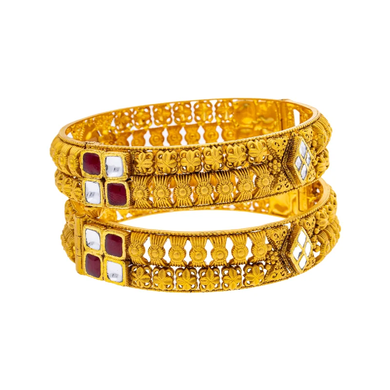 Luxury gemstone bracelets for women-22K Yellow Gold, Kundan & Ruby Adjustable Bangle Set of 2 (55.2gm)