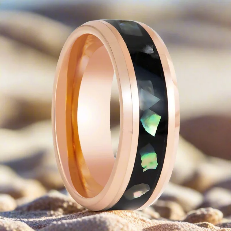 Artistic ladies rings with gems-RESINOVA | Rose Gold Tungsten Ring, Black Resin & Abalone Shell Inlay