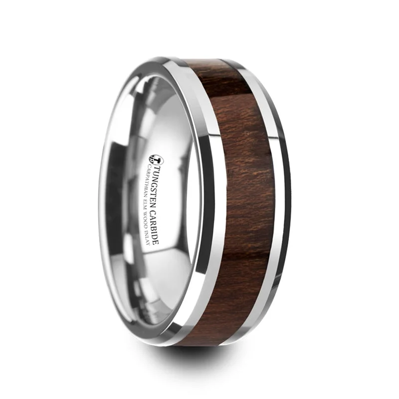 Customized ladies rings for engagement-Carpathian Wood Inlay Tungsten Men's Wedding Band