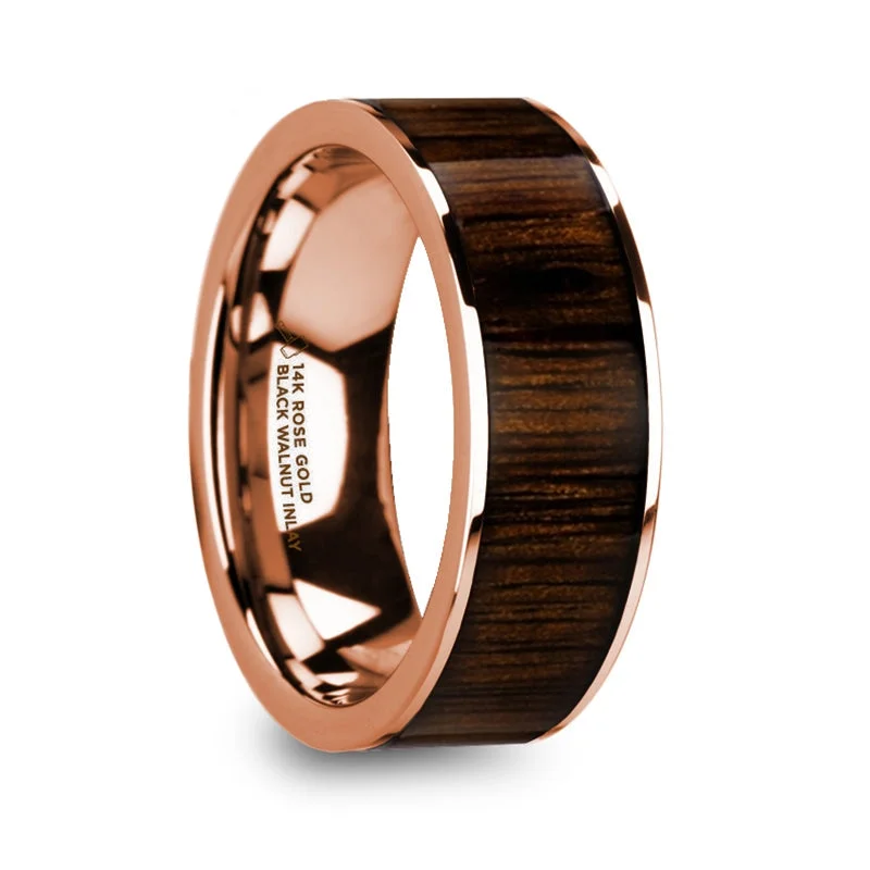 Stylish rose gold ladies rings-14k Rose Gold Men's Wedding Band with Black Walnut Wood Inlay