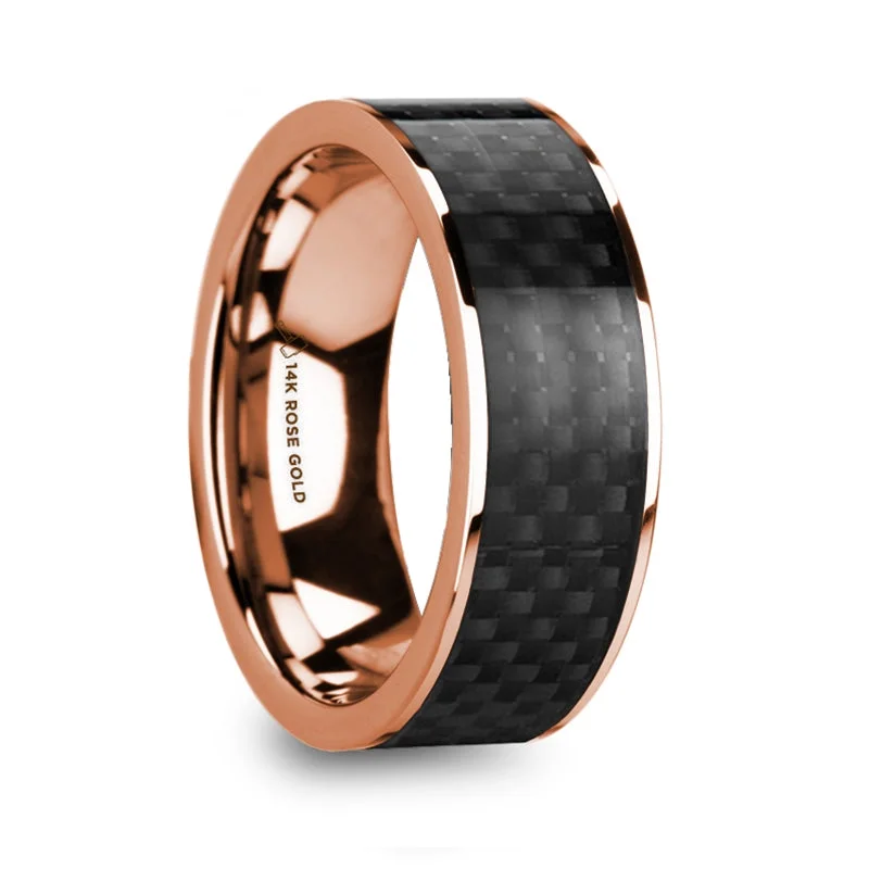 Affordable ladies rings online-Black Carbon Fiber Inlay 14k Rose Gold Men's Wedding Band