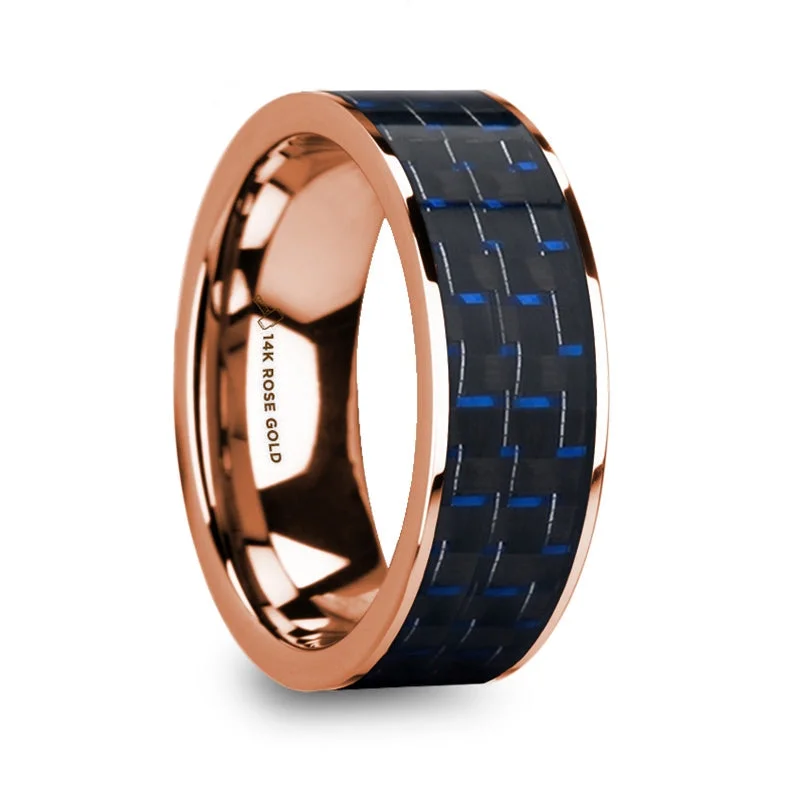 Statement rings for bold women-14k Rose Gold Men's Wedding Band with Blue & Black Carbon Fiber Inlay