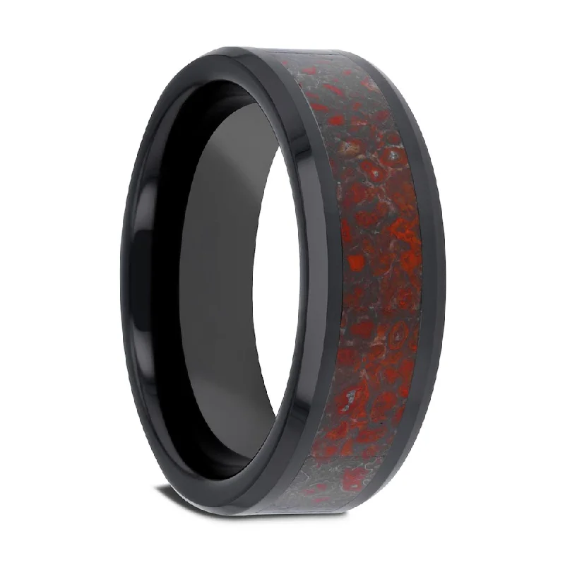 Large diamond ladies rings-Black Ceramic Men's Wedding Band with Red Dinosaur Bone Inlay