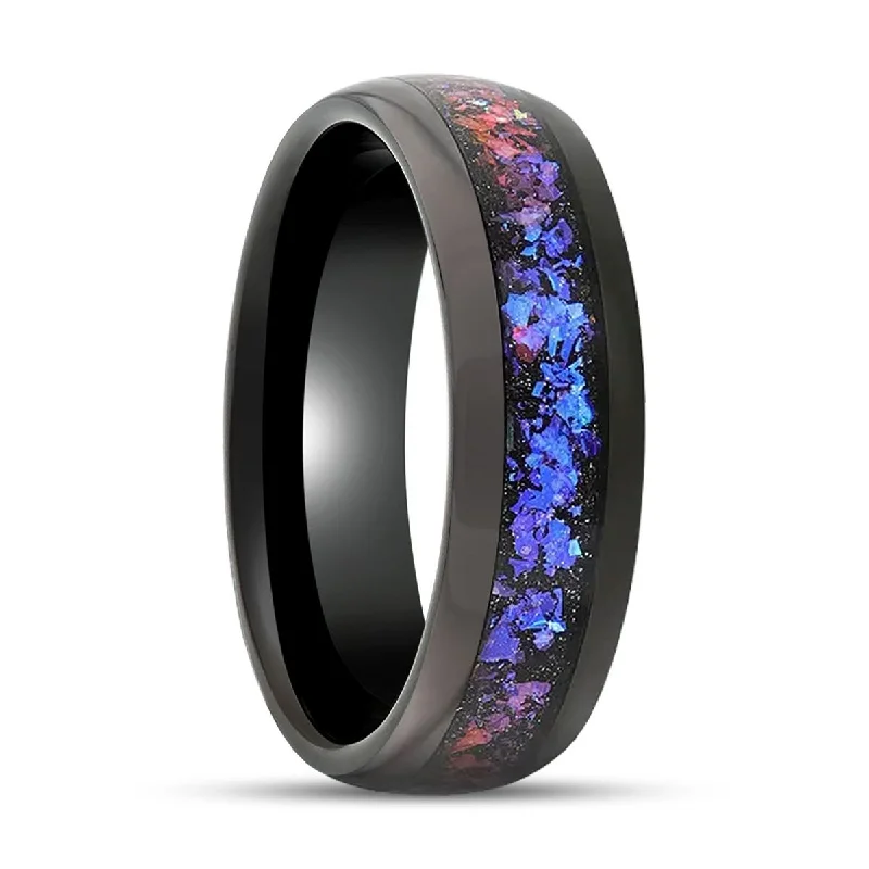 Fancy design ladies rings for everyday-COSMIC | Black Tungsten Ring, Crushed Alexandrite, Goldstone Inlay, Domed