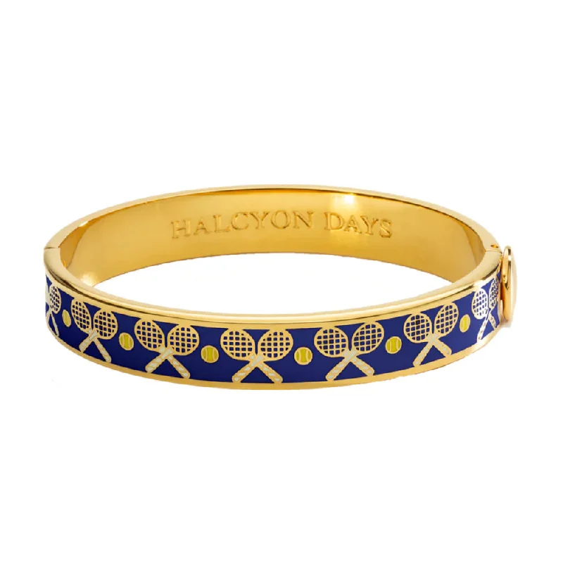 Unique bangle bracelets with colors-Halcyon Days 1cm Tennis Racket & Ball Gold Hinged Enamel Bangle