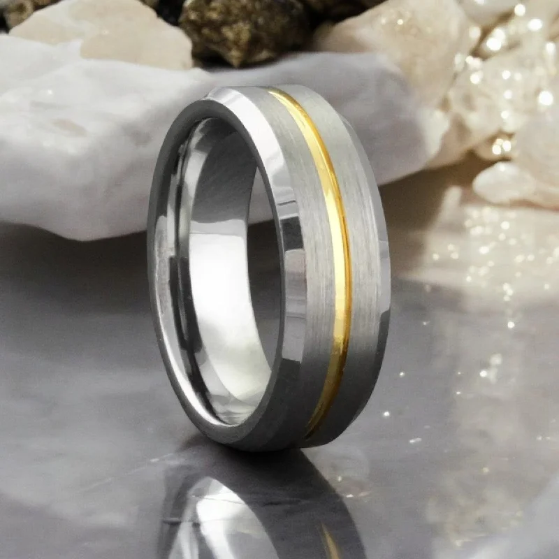 Custom wedding rings for ladies-MAESTRO | Silver Tungsten Ring, Gold Groove, Beveled