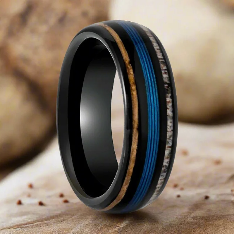 Classic wedding rings for ladies-BLUEBARK | Black Tungsten Ring, Koawood, Blue Wire & Deer Antler Inlay, Domed