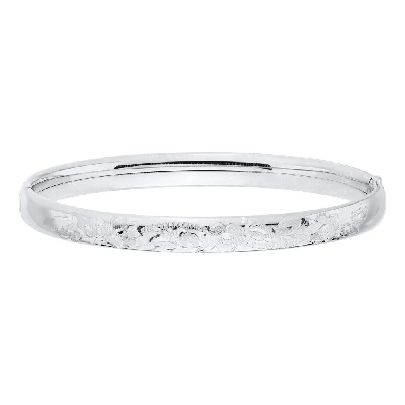 Diamond encrusted ladies bangles-Sterling Silver Floral Engraved Bangle 7"