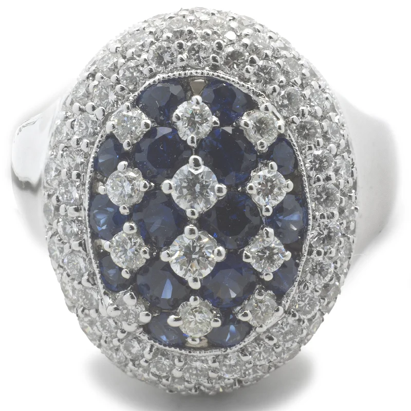 Sparkling engagement rings with cushion diamonds-18 Karat White Gold Checkerboard Sapphire and Diamond Ring