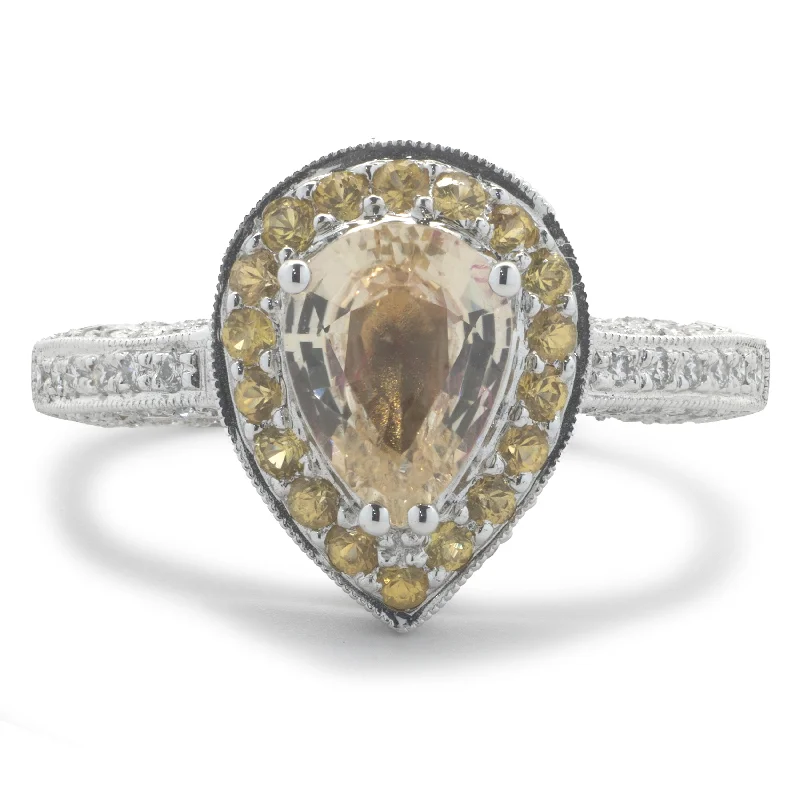 Custom engagement rings with gemstone center-18 Karat White Gold Yellow Sapphire and Diamond Ring