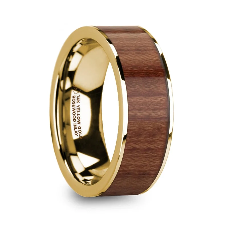 Adjustable size ladies rings-Rosewood Inlay 14k Yellow Gold Men's Wedding Band