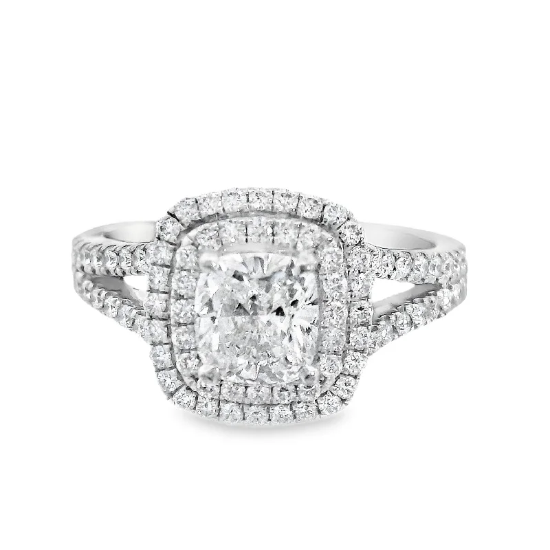 Engagement rings with platinum bands-14K White Cushion Diamond 1.01Ct Halo Engagement Ring