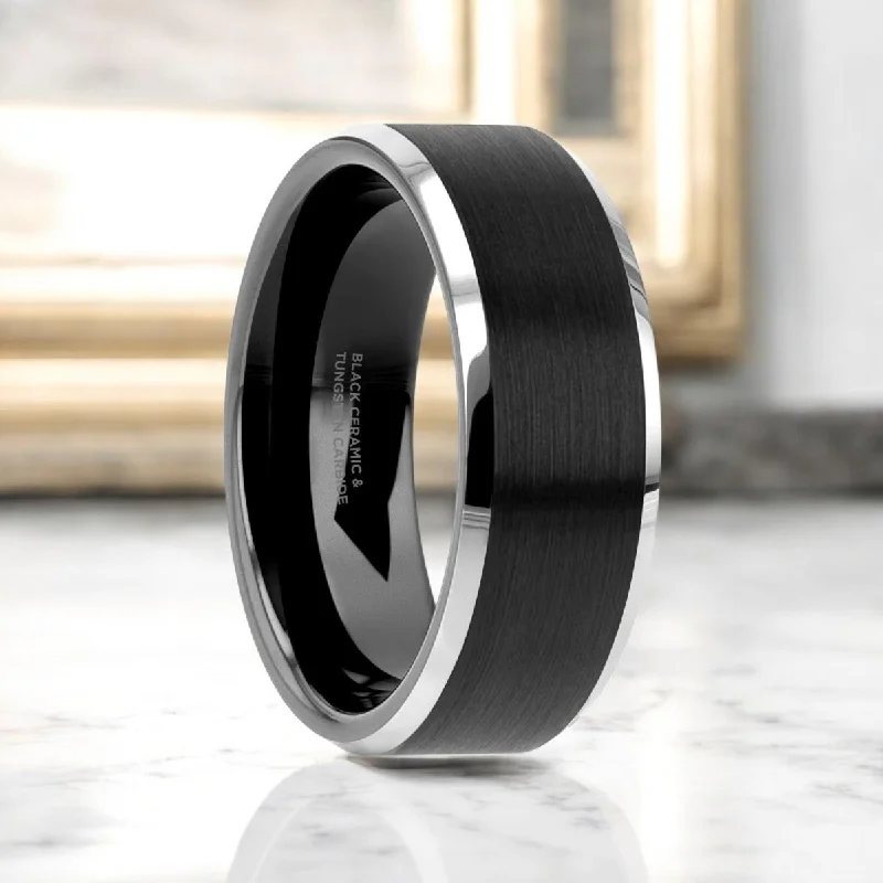 Trendy ladies rings with stones-ARDEN | Black Tungsten Ring, Ceramic Center Brushed, Beveled