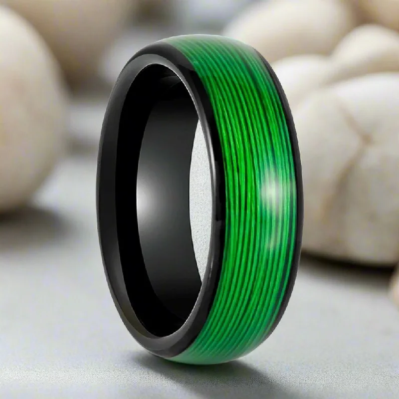 Rose gold ladies rings for women-EVERGREEN | Black Tungsten Ring, Rolled Green Wire Inlay, Domed