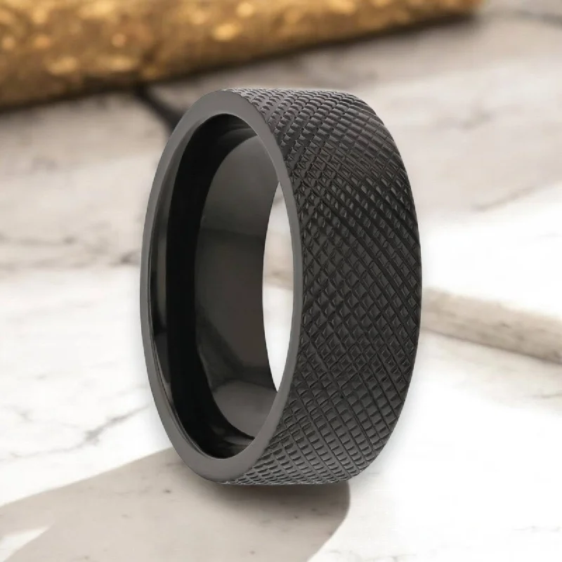 Black diamond ladies rings-MIDNIGHT | Black Zirconium Ring, Knurled Finish, Flat