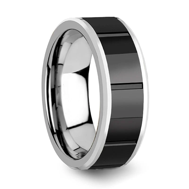 Customized ladies rings for engagement-Tungsten Men's Wedding Band with Grooved Black Ceramic Center