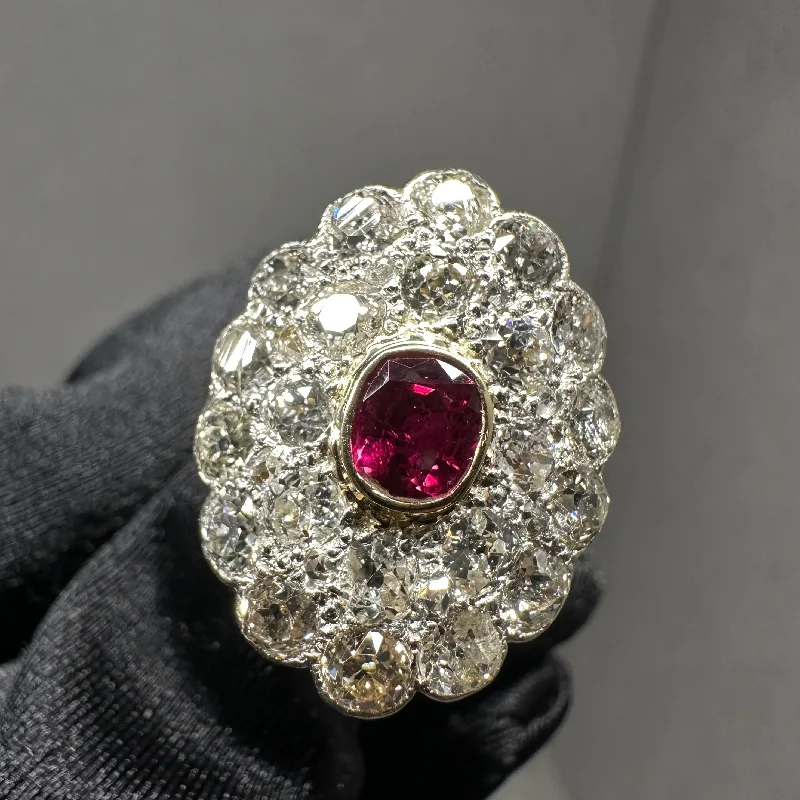 Vintage style engagement rings for women-Antique Ruby & Diamonds Cocktail Ring