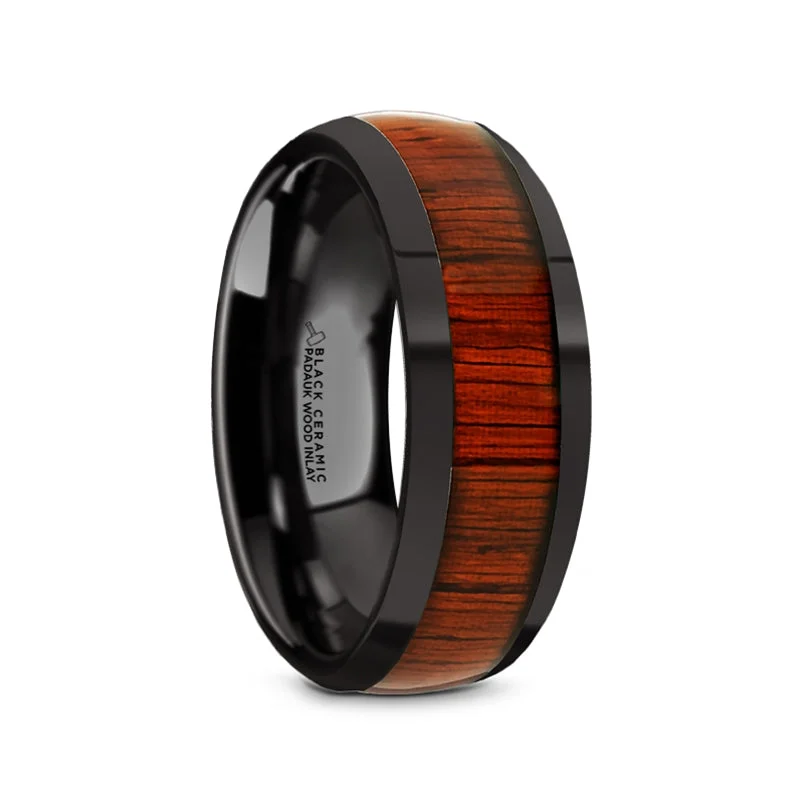 Personalized ladies rings for gifts-Black Ceramic Men's Wedding Band with Padauk Wood Inlay