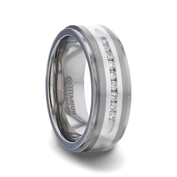 Custom-designed engagement rings with intricate details-Titanium Men's Wedding Band with 9 White Diamonds in Silver Inlay