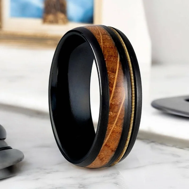 Handcrafted ladies rings with stones-RIFFSON | Black Tungsten Ring, Whiskey Barrel and Guitar String Inlay, Domed