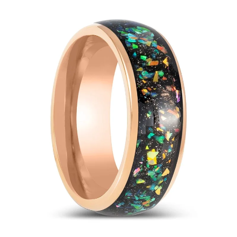 Unique ladies rings with diamonds-ZUFAR | Rose Gold Tungsten Ring with Opal & Abalone Fragmetns Inlay