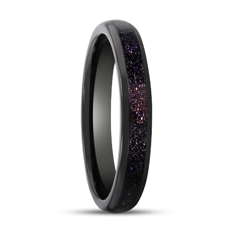 Classic solitaire ladies rings-ASTRUM | Black Tungsten Ring, Purple Goldstone Inlay, Domed