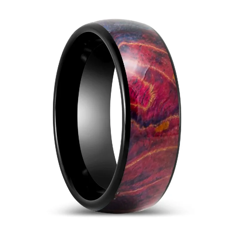 Customized ladies rings for engagement-KEMPS | Black Tungsten Ring, Burl Wood Inlay, Domed