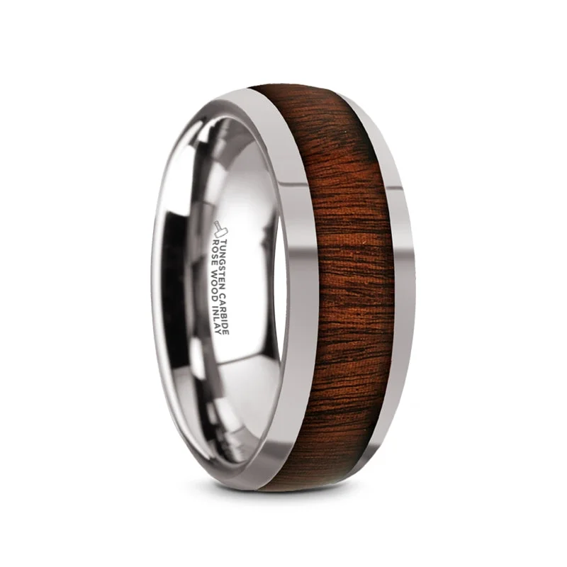 Oval cut diamond ladies rings-Tungsten Men's Wedding Band with Rose Wood Inlay