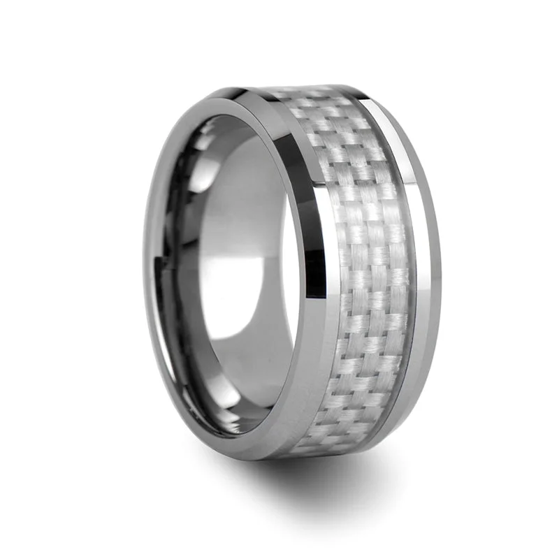 Two-tone gold ladies rings-Tungsten Men's Wedding Band with White Carbon Fiber Inlay