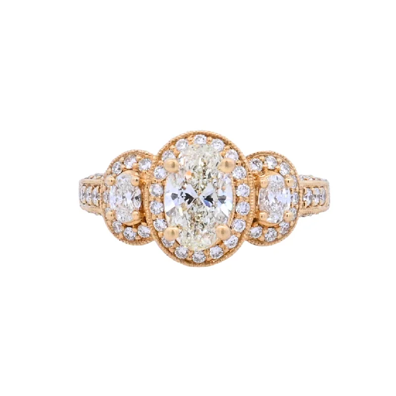 Engagement rings with diamond halo for her-18K Yellow Oval Diamond 1.00Ct 3 Stone Engagement Ring