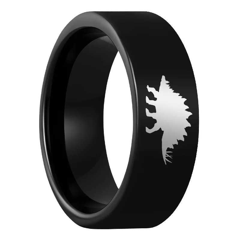 Custom engraved ladies rings-Stegosaurus Dinosaur Black Tungsten Men's Wedding Band