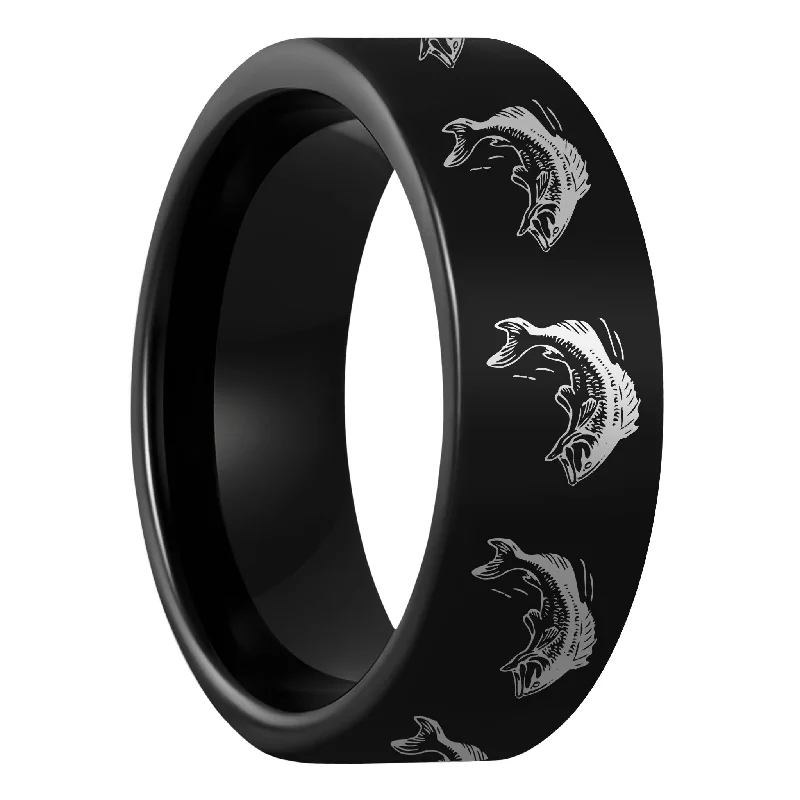 Large gemstone ladies rings-Bass Fish Black Tungsten Men's Wedding Band