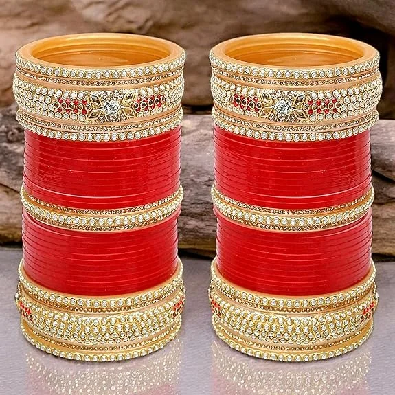 Luxury pearl bangles for special occasions-Tehzeeb Creations Bridal Bangle Set Red Designer Chura Wedding Punjabi Choora Fashion Jewellery Chuda Set for Women