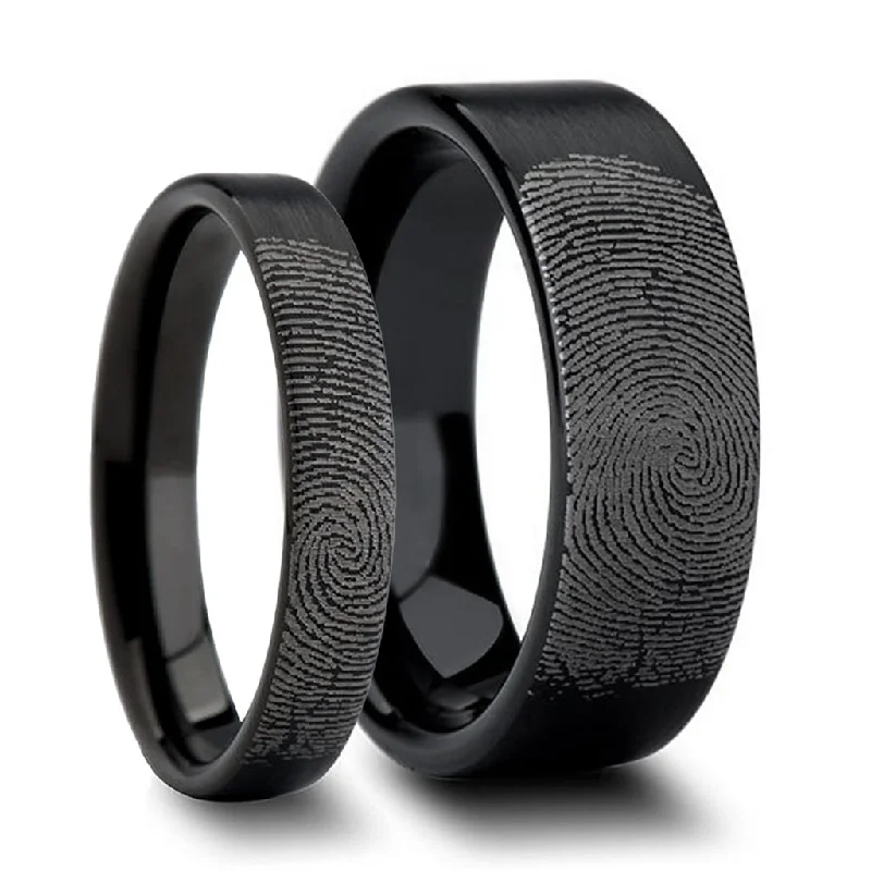 Stylish silver ladies rings-Custom Fingerprint Engraved Brushed Black Tungsten Couple's Matching Ring Set