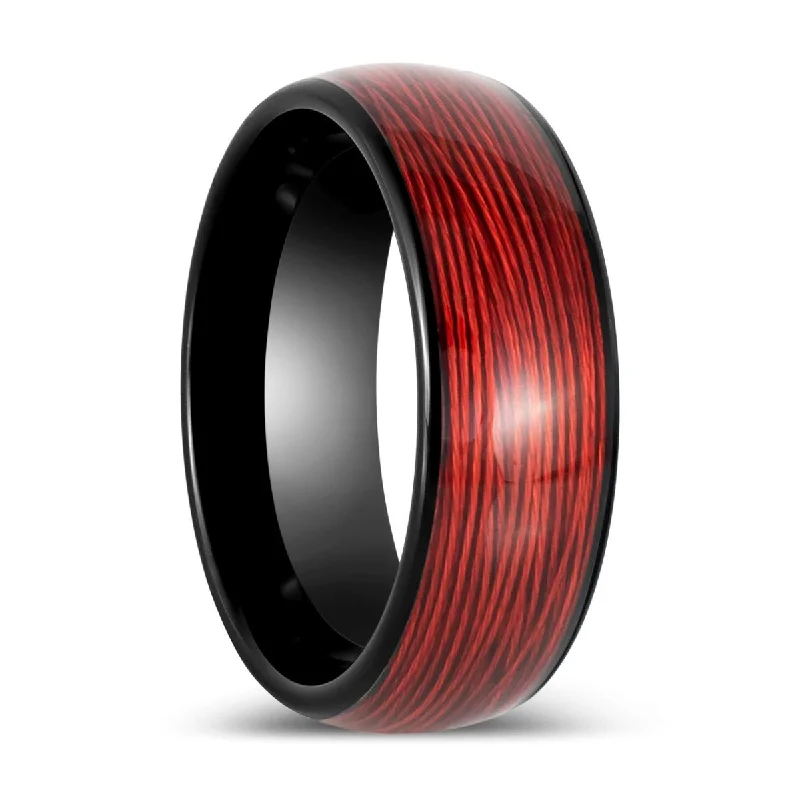 High-quality ladies rings for weddings-POTLATCH | Black Tungsten Ring with Red Wire Inlay