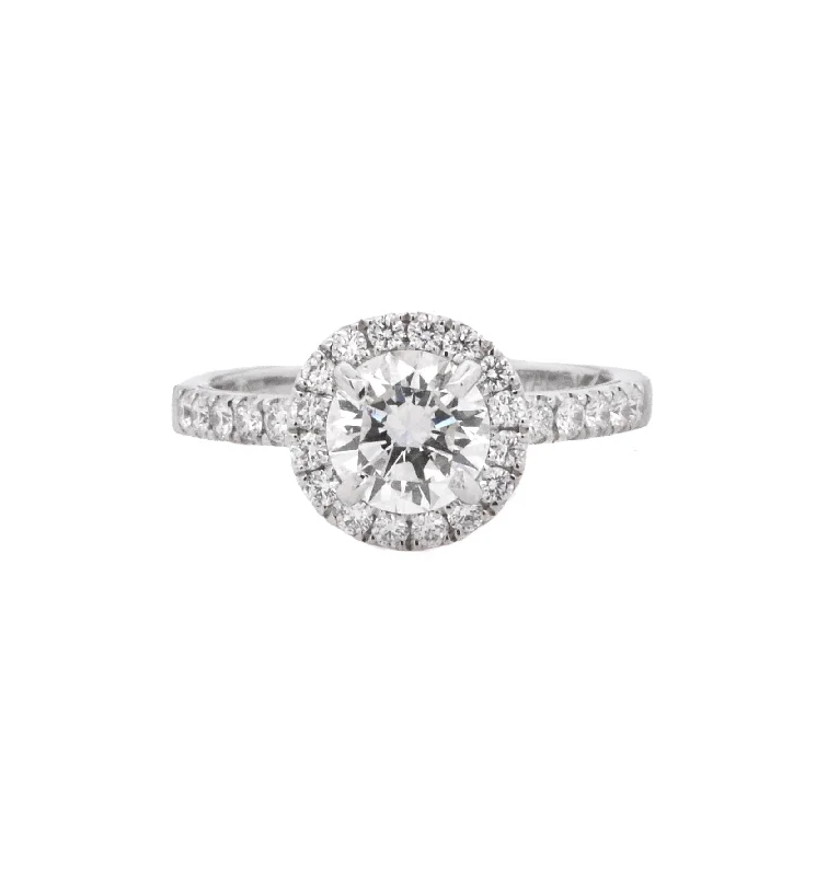 Affordable platinum engagement rings with diamonds-18K White Round Diamond 1.01Ct Halo Engagement Ring