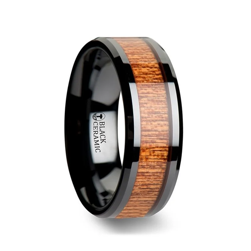 Simple platinum ladies rings-BENIN | Black Ceramic Ring, African Sapele Wood Inlay, Beveled