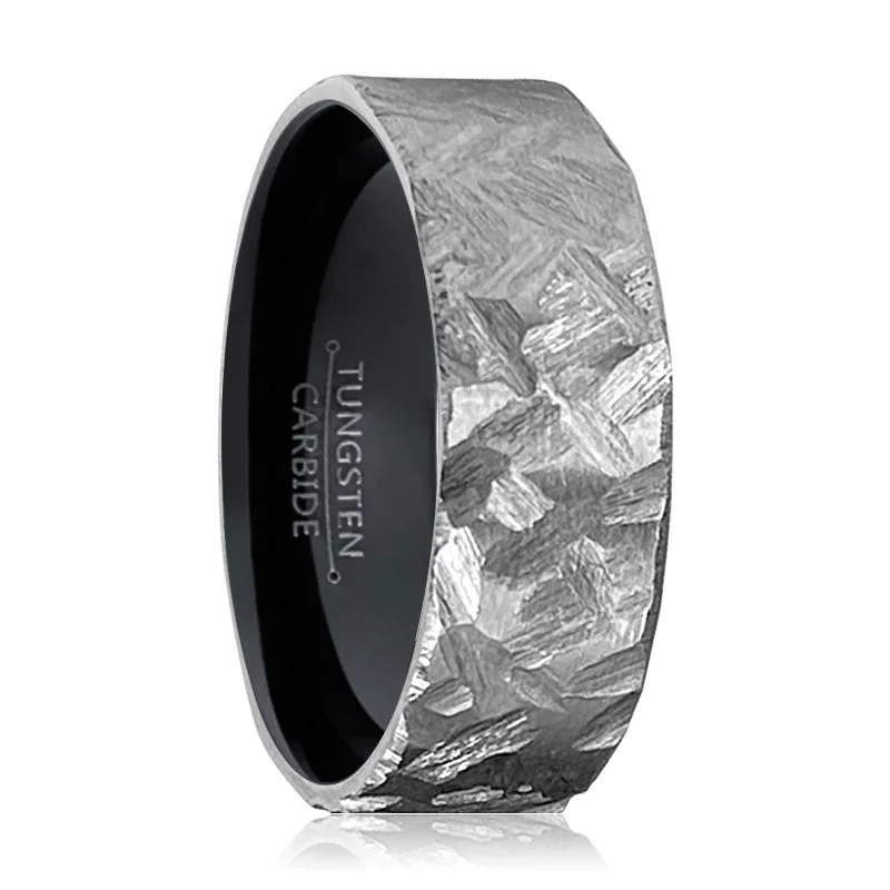 Elegant platinum ladies rings-STALLION | Black Ring, Silver Titanium Ring, Hammered, Flat