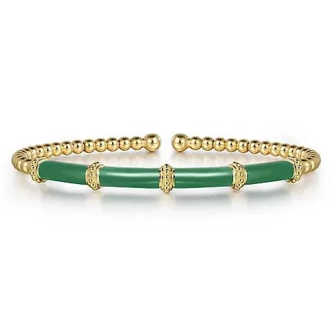 Vintage-style ladies bangles for weddings-Gabriel & Co. Green Enamel Bujukan Bead Split Bangle in 14K Yellow Gold