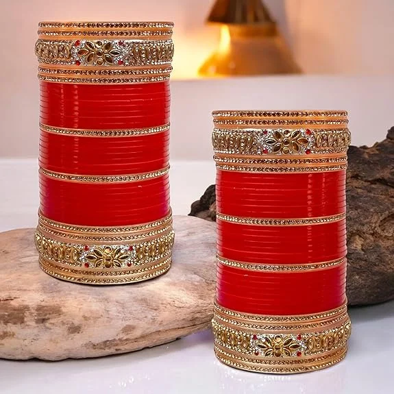 Bridal bangles with diamonds-Tehzeeb Creations Bridal Bangle Set Golden White & Red Stone Chuda, Wedding punjabi Choora Fashion Chura Set for Women